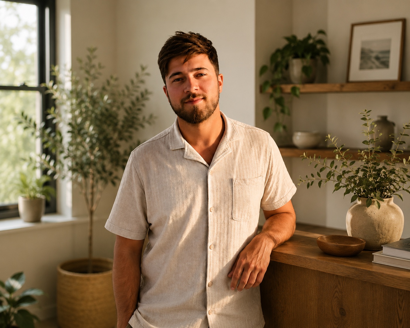 Lorenzo, founder of Well Kept, smiling at a wooden table beside a potted plant