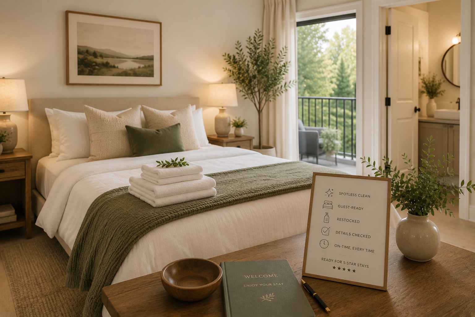 A guest bedroom prepared for arrival — fresh towels on the bed, a welcome book, and a five-star turnover checklist