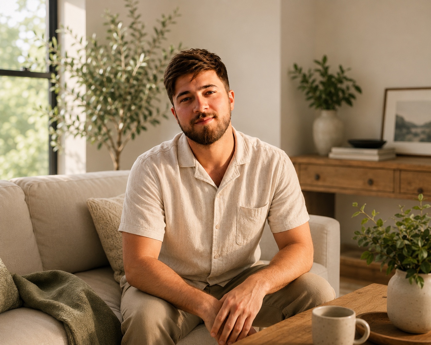 Lorenzo, founder of Well Kept, seated on a sofa in a warm, plant-filled living room